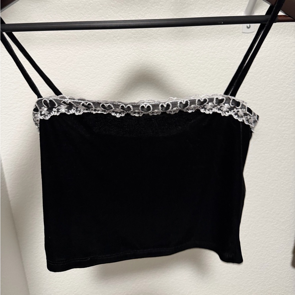 Elegant Velvet Black Lace Trim Cami Top